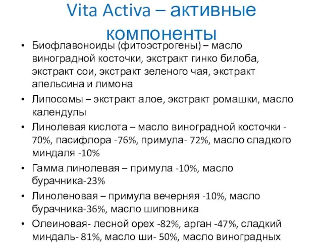 Vita Activa – активные компоненты Биофлавоноиды (фитоэстрогены) – масло виноградной косточки, экстракт