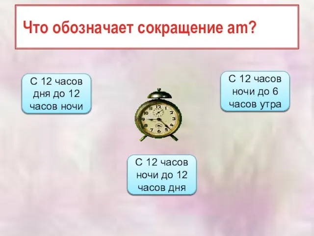 Что обозначает сокращение am? С 12 часов ночи до 12 часов дня