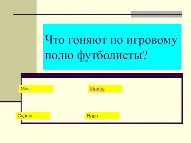 Что гоняют по игровому полю футболисты? Мяч Шайбу Судью Ядро