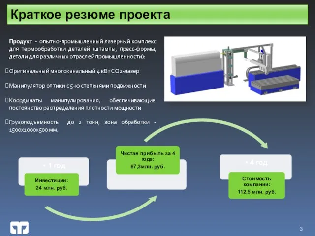 Краткое резюме проекта Продукт - опытно-промышленный лазерный комплекс для термообработки деталей (штампы,