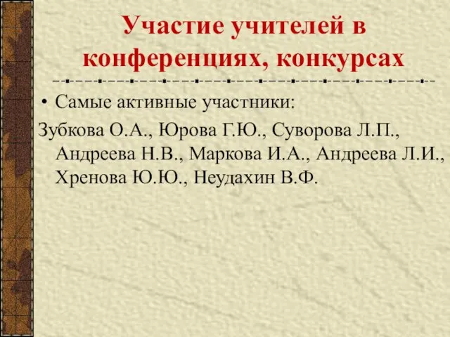 Участие учителей в конференциях, конкурсах Самые активные участники: Зубкова О.А., Юрова Г.Ю.,