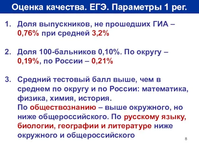 Оценка качества. ЕГЭ. Параметры 1 рег. Доля выпускников, не прошедших ГИА –