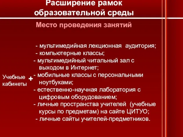 Место проведения занятий Учебные кабинеты + - мультимедийная лекционная аудитория; - компьютерные