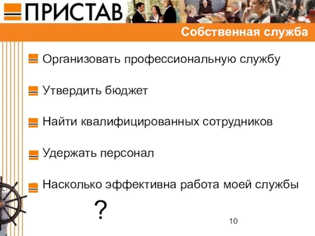 Организовать профессиональную службу Утвердить бюджет Найти квалифицированных сотрудников Удержать персонал Насколько эффективна