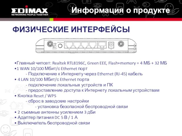 ФИЗИЧЕСКИЕ ИНТЕРФЕЙСЫ Главный чипсет: Realtek RTL8196C, Green EEE, Flash+memory = 4 МБ