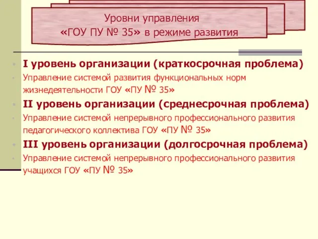 I уровень организации (краткосрочная проблема) Управление системой развития функциональных норм жизнедеятельности ГОУ