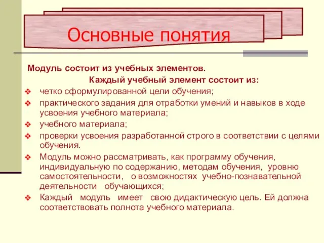 Модуль состоит из учебных элементов. Каждый учебный элемент состоит из: четко сформулированной