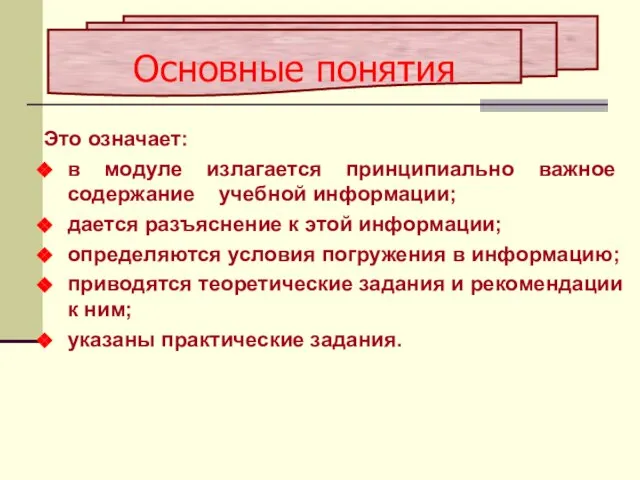 Это означает: в модуле излагается принципиально важное содержание учебной информации; дается разъяснение