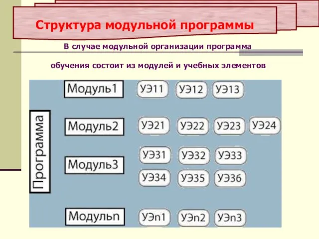 Структура модульной программы В случае модульной организации программа обучения состоит из модулей и учебных элементов