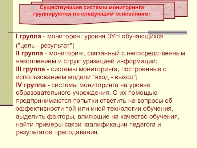 I группа - мониторинг уровня ЗУН обучающихся ("цель - результат") II группа