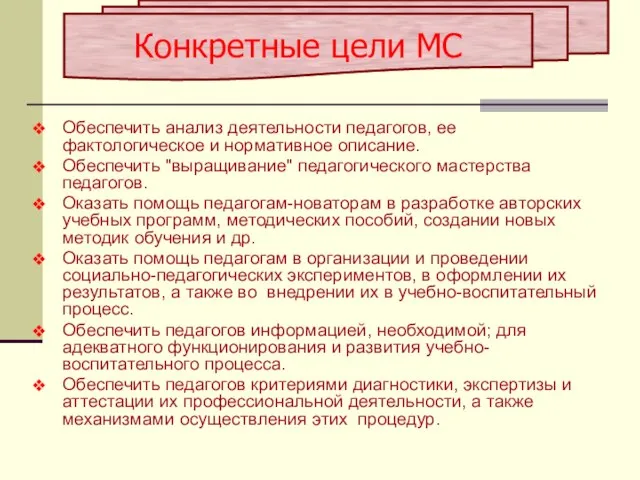 Обеспечить анализ деятельности педагогов, ее фактологическое и нормативное описание. Обеспечить "выращивание" педагогического