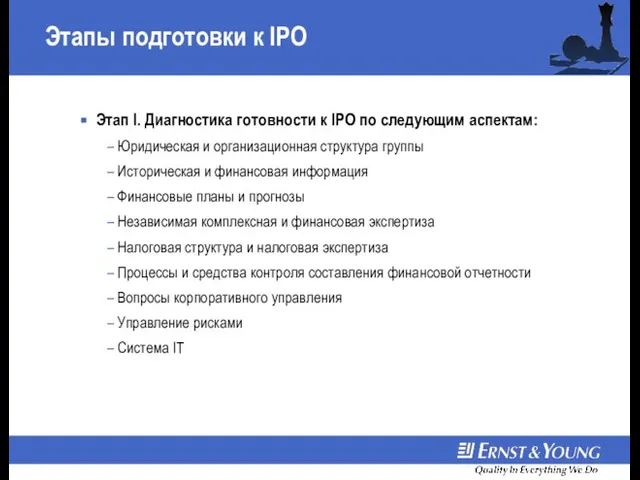 Этапы подготовки к IPO Этап I. Диагностика готовности к IPO по следующим