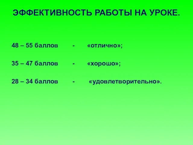 ЭФФЕКТИВНОСТЬ РАБОТЫ НА УРОКЕ. 48 – 55 баллов - «отлично»; 35 –