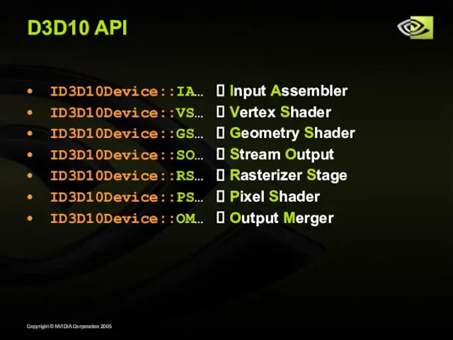 D3D10 API ID3D10Device::IA… ? Input Assembler ID3D10Device::VS… ? Vertex Shader ID3D10Device::GS… ?