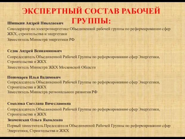 Шишкин Андрей Николаевич Сомодератор по электроэнергетике Объединенной рабочей группы по реформированию сфер