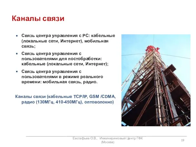Каналы связи Евстафьев О.В., Инжиниринговый Центр ГФК (Москва) Связь центра управления с