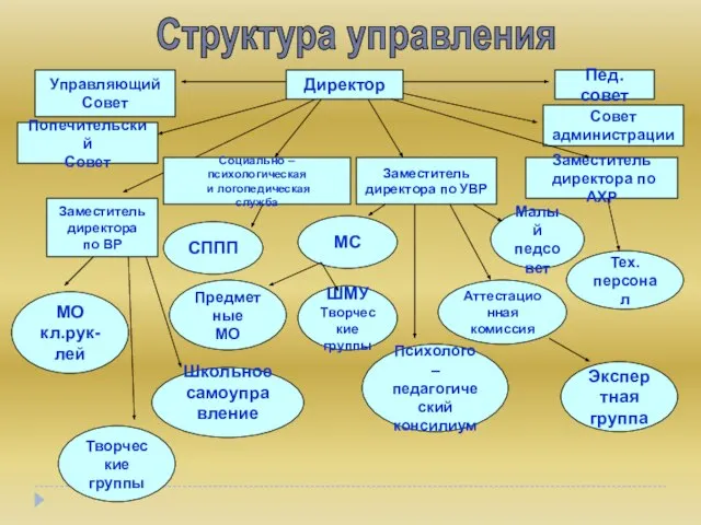 Директор Управляющий Совет Попечительский Совет Пед.совет Совет администрации Заместитель директора по УВР