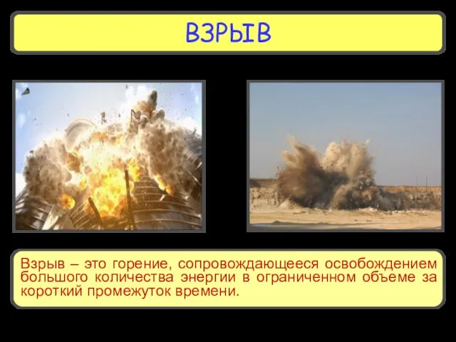 ВЗРЫВ Взрыв – это горение, сопровождающееся освобождением большого количества энергии в ограниченном