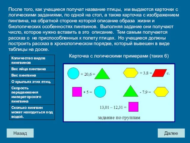 Назад Далее После того, как учащиеся получат название птицы, им выдаются карточки