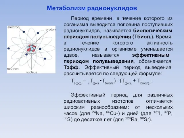 Метаболизм радионуклидов Период времени, в течение которого из организма выводится половина поступивших