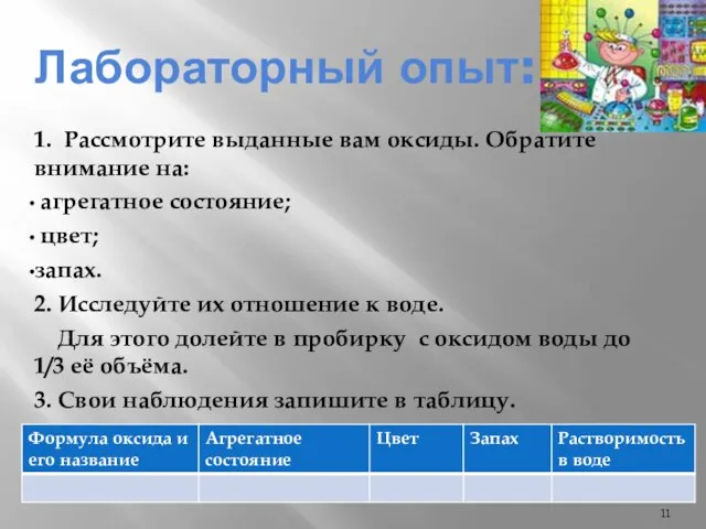 Лабораторный опыт: 1. Рассмотрите выданные вам оксиды. Обратите внимание на: агрегатное состояние;