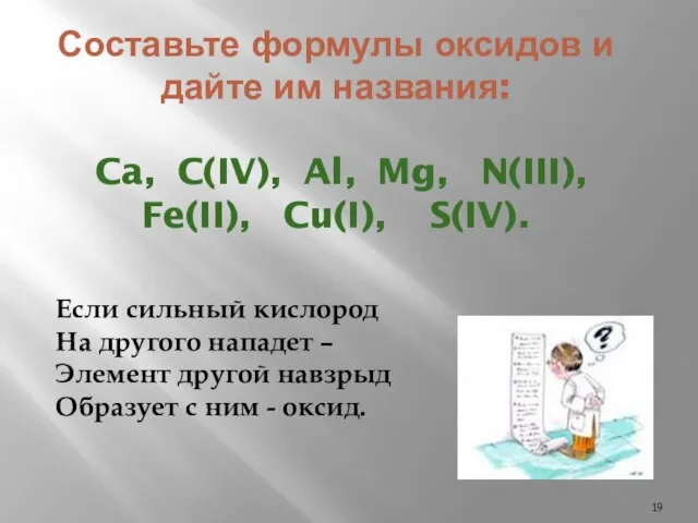 Составьте формулы оксидов и дайте им названия: Ca, C(IV), Al, Mg, N(III),