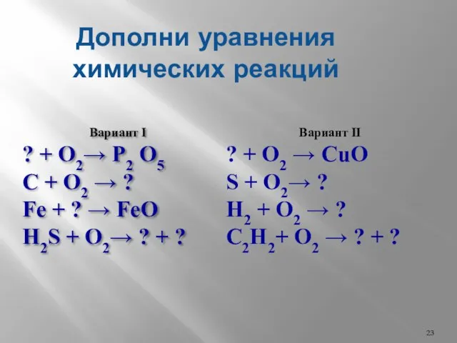 Дополни уравнения химических реакций Вариант I ? + O2→ P2 O5 C