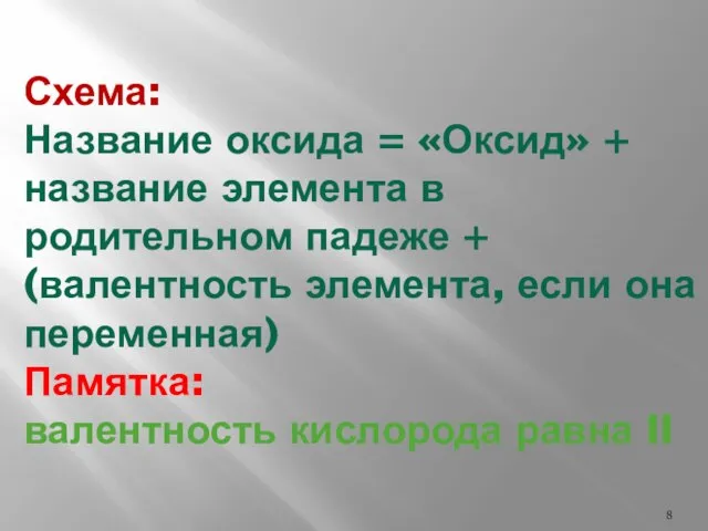 Схема: Название оксида = «Оксид» + название элемента в родительном падеже +