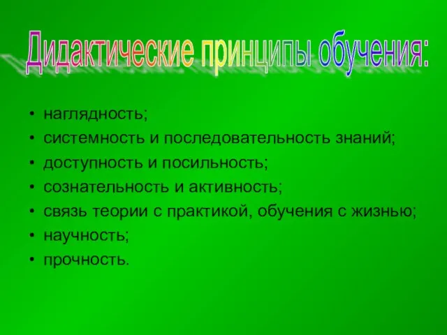 наглядность; системность и последовательность знаний; доступность и посильность; сознательность и активность; связь