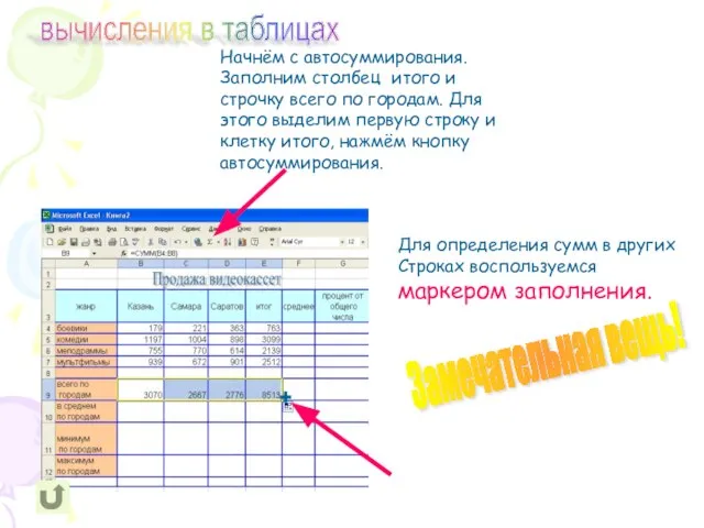 Начнём с автосуммирования. Заполним столбец итого и строчку всего по городам. Для