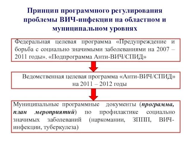 Принцип программного регулирования проблемы ВИЧ-инфекции на областном и муниципальном уровнях Федеральная целевая