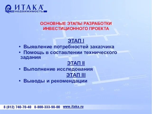 ОСНОВНЫЕ ЭТАПЫ РАЗРАБОТКИ ИНВЕСТИЦИОННОГО ПРОЕКТА ЭТАП I Выявление потребностей заказчика Помощь в