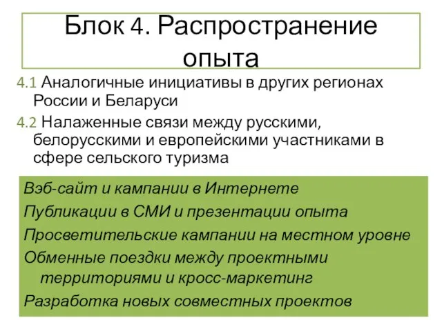 Блок 4. Распространение опыта 4.1 Аналогичные инициативы в других регионах России и