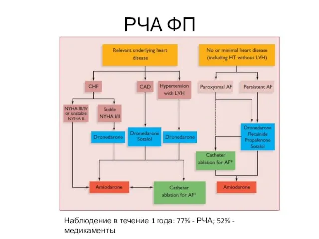 РЧА ФП Наблюдение в течение 1 года: 77% - РЧА; 52% - медикаменты