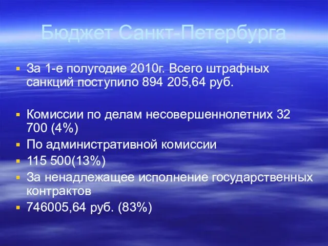 Бюджет Санкт-Петербурга За 1-е полугодие 2010г. Всего штрафных санкций поступило 894 205,64