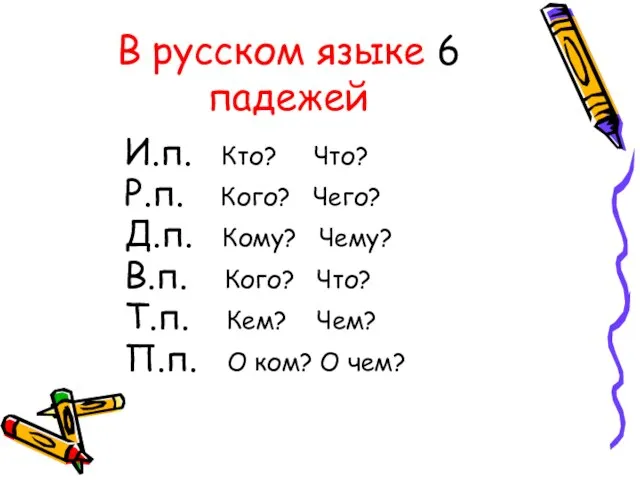 В русском языке 6 падежей И.п. Кто? Что? Р.п. Кого? Чего? Д.п.