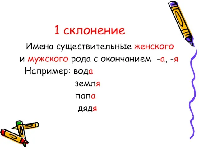 1 склонение Имена существительные женского и мужского рода с окончанием -а, -я