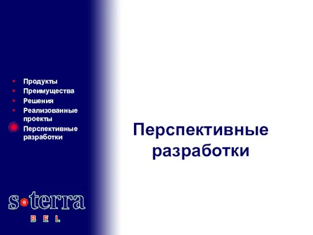 Перспективные разработки Продукты Преимущества Решения Реализованные проекты Перспективные разработки