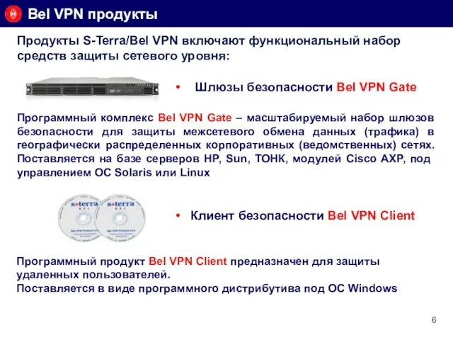 Bel VPN продукты Продукты S-Terra/Bel VPN включают функциональный набор средств защиты сетевого