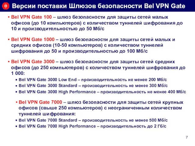 Версии поставки Шлюзов безопасности Bel VPN Gate Bel VPN Gate 100 –