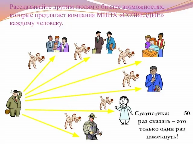 Рассказывайте другим людям о бизнес возможностях, которые предлагает компания МНПХ «СОЗВЕЗДИЕ» каждому