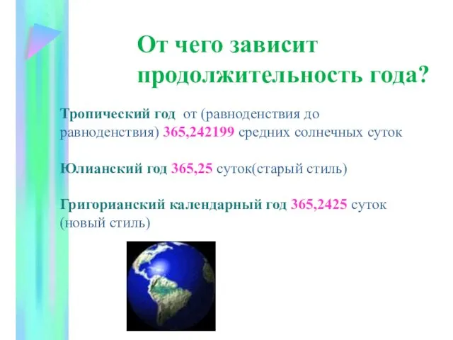 От чего зависит продолжительность года? Тропический год от (равноденствия до равноденствия) 365,242199