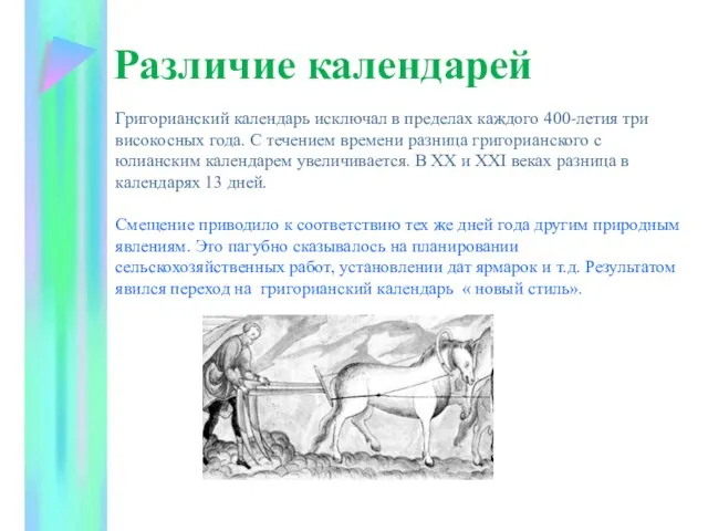 Различие календарей Григорианский календарь исключал в пределах каждого 400-летия три високосных года.