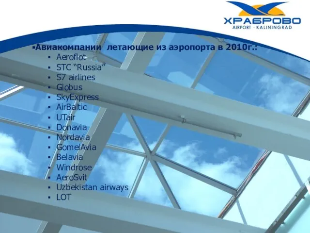Авиакомпании летающие из аэропорта в 2010г.: Aeroflot STC “Russia” S7 airlines Globus