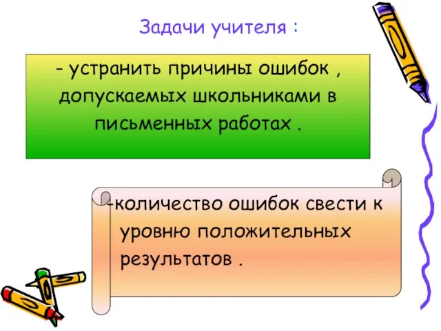 Задачи учителя : - устранить причины ошибок , допускаемых школьниками в письменных