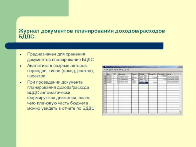 Журнал документов планирования доходов/расходов БДДС: Предназначен для хранения документов планирования БДДС Аналитика