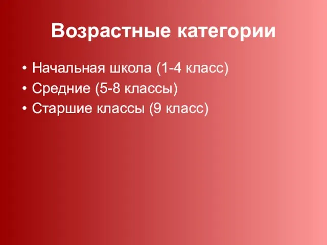 Возрастные категории Начальная школа (1-4 класс) Средние (5-8 классы) Старшие классы (9 класс)