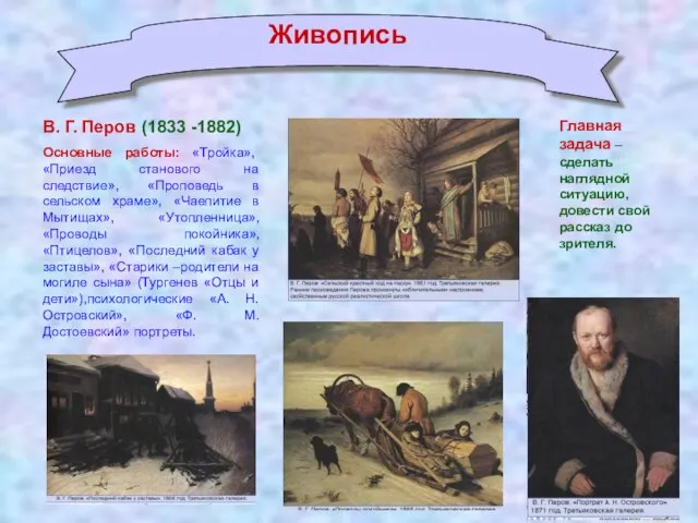 Живопись В. Г. Перов (1833 -1882) Основные работы: «Тройка», «Приезд станового на