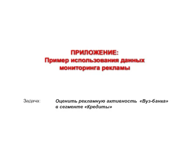 ПРИЛОЖЕНИЕ: Пример использования данных мониторинга рекламы Оценить рекламную активность «Вуз-банка» в сегменте «Кредиты» Задача: