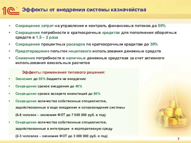 Сокращение затрат на управление и контроль финансовых потоков до 50% Сокращение потребности